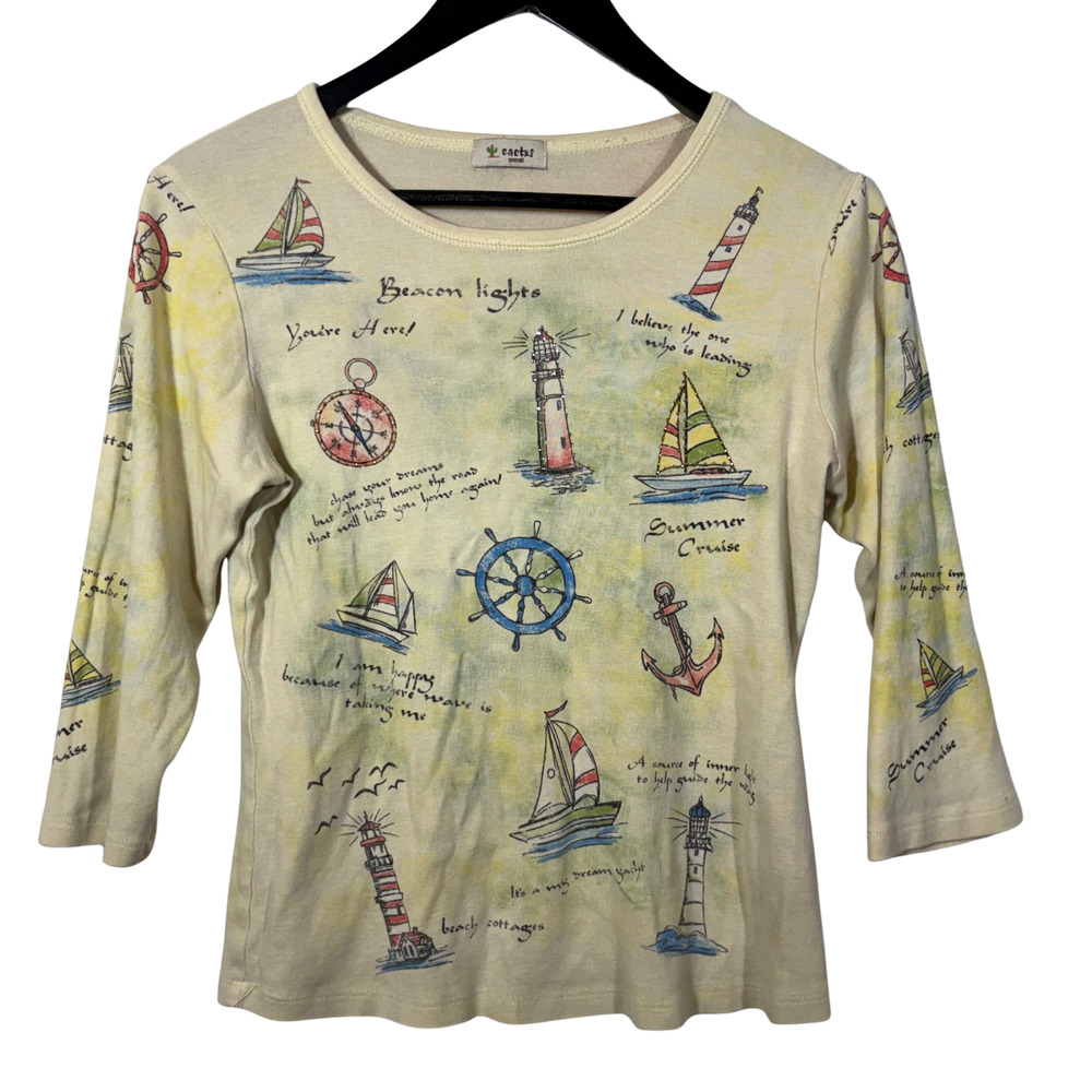 Cactus Bay Apparel Rhinestone Nautical Beach Lighthouse Top 3/4 Sleeve USA S
